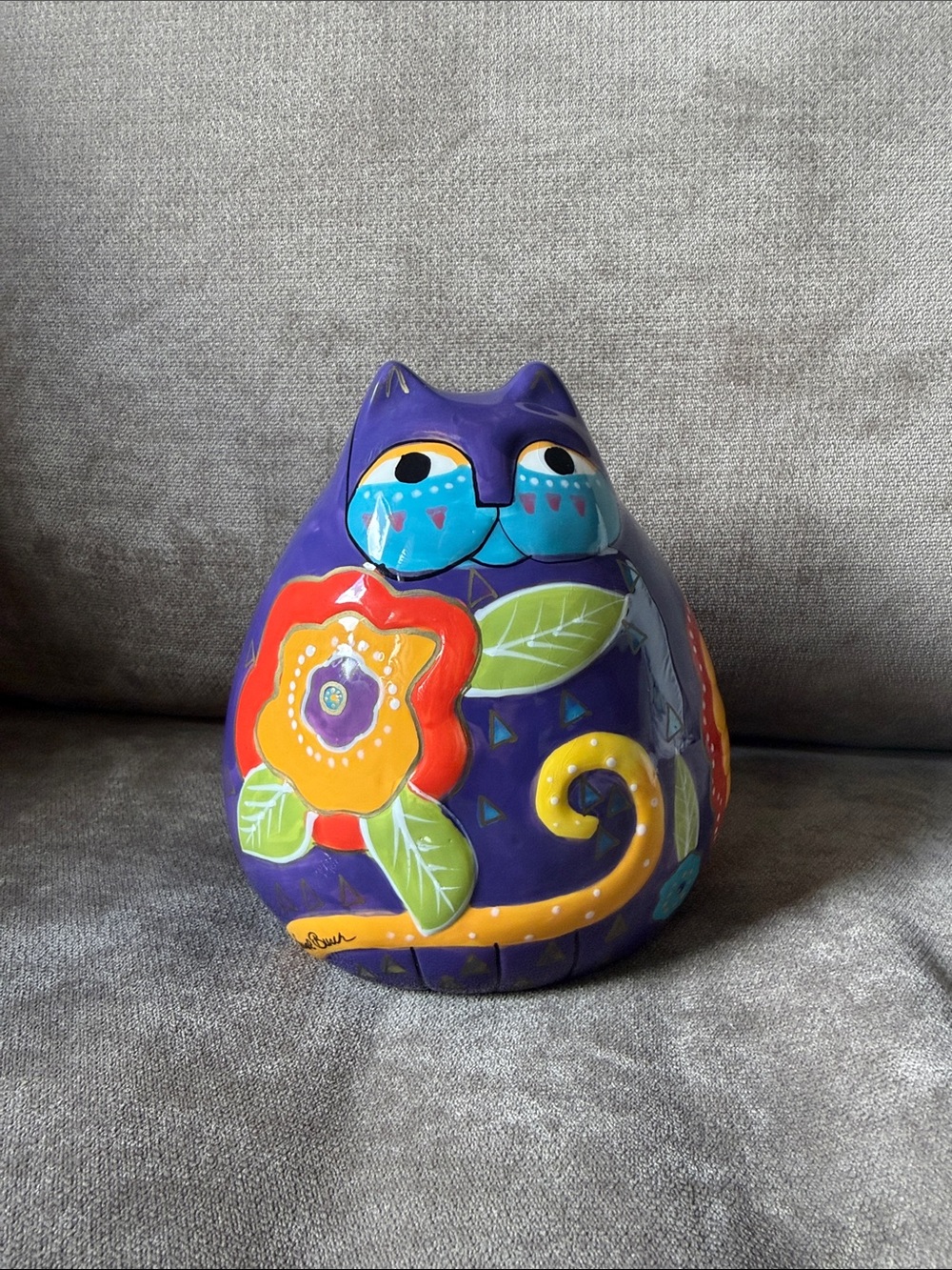 Laurel Burch Purple Floral Ceramic Cat Bank